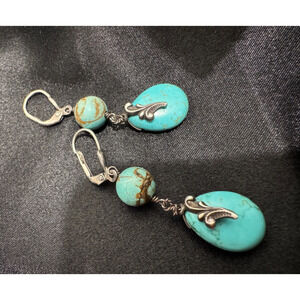 Sterling Silver Turquoise Dangle Earrings Leaf Charm Southwestern Jewelry